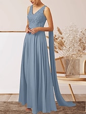cheap Wedding Guest Dresses-A-Line Wedding Guest Dresses Elegant Dress Wedding Guest Engagement Floor Length Sleeveless V Neck Fall Wedding Guest Chiffon with Appliques