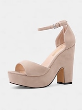 cheap Nightlife Party-Women&#039;s Nude Suede Platform Block Heel Sandals - Chunky Ankle Strap Heels for Nightlife Parties and Club Outfits