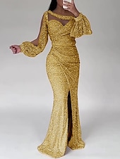 preiswerte GRAU-Meerjungfrau Paillettiertes Abendkleid Partykleid formelles Sweep-/Pinselzug lange Ärmel Scoop-Ausschnitt mit Glitzer Raffung Schlitz Maskerade-Kleid 2025
