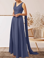 cheap Wedding Guest Dresses-A-Line Wedding Guest Dresses Elegant Dress Wedding Guest Engagement Floor Length Sleeveless V Neck Fall Wedding Guest Chiffon with Appliques