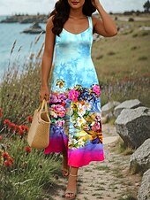 preiswerte Blumenkleider-Damen Maxikleid A Linie Kleid Sommerkleid Schulterfreies Kleid Urlaub Lässig Party Date Normale Passform Blumen Grafik Farbblock Ärmellos Quadrathals Rosa Blau Purpur Sommer Frühling