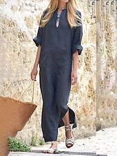 preiswerte Kleider-Damen Langes Kleid Maxikleid Baumwoll-Leinenkleid Klassisch Modern Urlaub Täglich Ferien Normale Passform Einfach Halbarm V Ausschnitt Schwarz Weiß Wein Dunkelgray Sommer