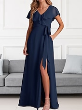 cheap Bridesmaid Dresses-A-Line Bridesmaid Dress V Neck Short Sleeve Elegant Floor Length Chiffon with Sash / Ribbon / Ruffles / Split Front