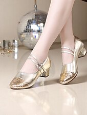 preiswerte Lateinamerikanische Schuhe-Damen-Tanzschuhe mit goldener Glitzerspitze und Doppelriemen – professionelle Standard-Latein-Tanzschuhe mit niedrigem Absatz für Auftritte und Tanzkurse