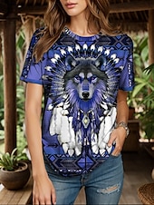 abordables T-shirt Boho-Femmes T-shirt Graphique Animal Géométrique ancien Élégant Classique Manche Courte Col ras du cou Col rond Hauts Réguliers Quotidien Week-end Imprimé Jaune Rouge Bleu Violet Vert Été Printemps