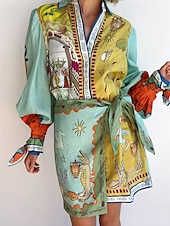 abordables concevoir des robes en coton et lin-Femmes Mini Robe Robes en coton et lin Robe Décontractée Mode Extérieur Soirée Fête Coupe régulière Animal manche longue Col de chemise Vert Été