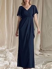 abordables Longueur du plancher-Ligne A Robe de Mère de Mariée  robe demoiselle d honneur Élégant Doux Col en V Longueur au sol Chiffon Manche Courte avec Fronces Drapé latéral 2025