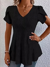 cheap Plain Tops-Women&#039;s Blouse Solid Color Stylish Basic Casual Short Sleeve V Neck Regular Tops Daily Lace Patchwork Black White Pink Blue Purple Summer