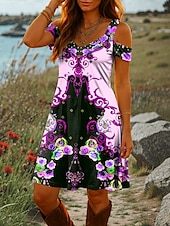 billige Boho-kjoler-Dame Mini kjole Kjole med A-linje Sommerkjole Ferie Fritid Daglig Ferie Normal Blomstret Grafisk Stamme Kortermet V-hals Gul Blå Lilla Sommer