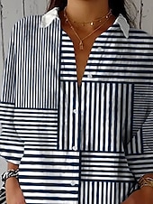 tanie Damskie topy w paski i geometryczne-Damskie Koszula Graficzny Geometryczny Prążki Codzienny Elegancki Nowoczesny Długi rękaw Kołnierzyk koszuli Zwykłe topy Praca Codzienny Guziki Nadruk Biały Rumiany róż Granatowy Lato Wiosna