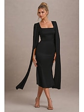 billiga Cocktailklänningar-Senapsgul Klänning Fåll Cape Klänning Havfru  Trumpet Cocktail Klänningar Elegant Klänning Formell Bröllop Gäst Klänning Te Längd Midi Längd Fyrkantig Halsringning Siden