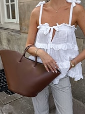baratos Camisas-Mulheres Camisas de algodão e linho Blusa Tecido Moderno Casual Sem Manga Com Alças Tops regulares Diário Para Noite Com Corte Branco Verão