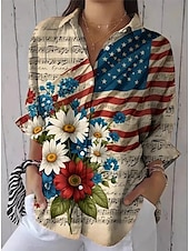cheap Independence Day Top-Independence Day Women&#039;s Patriotic Fourth of July Shirt Graphic Flag USA Vintage Daily Stylish Long Sleeve Shirt Collar Regular Tops Work Daily Buttons Print White Blue Khaki Summer Spring