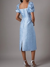 cheap Cocktail Dresses-Sky Blue Jacquard Dress Column Cocktail Dresses Midi Dress Formal Semi Formal Wedding Tea Length Short Sleeve Bubble Sleeve Sweetheart Neckline Wedding Guest Dress