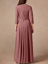 billiga Golvlängd-Tvådelad A-linjeformad Mor till Brud-Klänning Bröllopsgäst Elegant Söt Rundhalsad Golvlängd Chiffon Spets 3/4 Längd Ärmar med Spetspärlor Volanger
