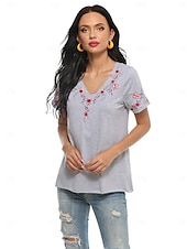 preiswerte Blumen-T-Shirt-Erntedank Damen Baumwollhemd Einfach Bohemien Stilvoll Basic Kurzarm Puffärmel V Ausschnitt Normale Oberteile Täglich Sport Ausgehen Grau Sommer