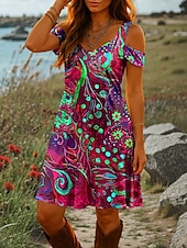 preiswerte Kunst &amp; Design Kleider-Damen Minikleid A Linie Kleid Sommerkleid Urlaub Lässig Täglich Ferien Normale Passform Grafik Abstrakt Kurzarm V Ausschnitt Rote Blau Grün Sommer