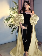 abordables NOIR-Robe de soirée élégante en colonne/silhouette ajustée robe formelle de mariage longue à partir du sol à manches longues col carré satin avec châle