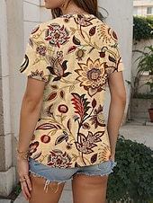 abordables T-shirt Boho-Femmes T-shirt Fleuri Graphique Plantes Bohème Élégant Occasionnel Manche Courte Col en V Hauts Réguliers Quotidien Imprimé Jaune Bleu Violet Vert Été Printemps