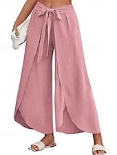 abordables Pantalón liso de lino y algodón-Mujer Pantalones de lino y algodón pantalones Casual Longitud total Cintura Media Plano Cintura elástica Separado Al Aire Libre Cómodo Festivos Ropa Cotidiana Fin de semana Albaricoque PEC Celeste