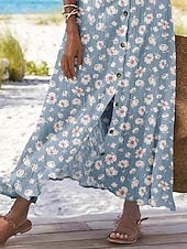billiga Grafiska kjolar-Dam Kjol Ledigt Boho Maxi Mellanhög midja Kjolar Blommig Mönster Kluvna toppar Microelastisk Gata Utekväll Himmelsblå Sommar Polyester
