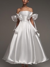 preiswerte Lange Kleider / Abendkleider-A-Linie Cocktailkleider Elegant Formale Hochzeit knöchellang ärmellos Spaghettiträger Kleid Satin mit Schleife(n)