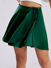 abordables Jupes unies-Jupe femme A ligne Couleur unie Mode Décontractée Mini Jupe taille haute Uni Plissé Micro-élastique Street Daily Noir Champagne Marron Vert Été Satin