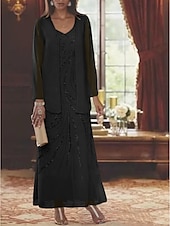 abordables Avec veste-Robe Mère de la Mariée Coupe Deux Pièces à la Plage Invité de Mariage Élégant Étincelle  Brillance Encolure en V Longueur Cheville Chiffon Sequins Manches Longues avec Sequins 2025 taille