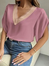 preiswerte Damen Einfache Oberteile-Damen Bluse Einfach Stilvoll Basic Lässig Kurzarm V Ausschnitt Normale Oberteile Täglich Spitze Patchwork Knöpfe Schwarz Rosa Blau Sommer