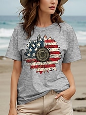 billige Uavhengighetsdag Topp-Kvinners patriotiske T-skjorte bomull skjorte grafisk flagg solsikke casual kortermet rund hals vanlige topper daglig trykk svart hvit grå sommer vår