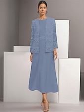 economico Con giacca-Abito madre della sposa A-Line due pezzi elegante semplice casual collo a barca lunghezza caviglia chiffon maniche lunghe con pizzo