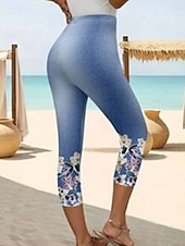  Women's Leggings Capri Pants 3D Print High Elasticity Vintage Fashion Ethnic Style Calf-Length High Waist Floral Graphic Stretchy Vacation Street Causal Robin's Egg Blue White Summer Spring Slim Fit
