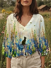 billige Blomstrete topper-Dame Bluse Blomstret Grafisk Katt Stilfull Fritid 3/4 ermer V-hals Vanlige topper Daglig Gul Blå Lilla Sommer Vår