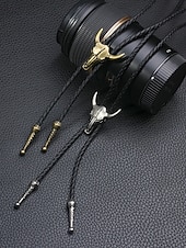 abordables Corbatas y pajaritas para hombres-Collar de bolo con cabeza de toro para hombre: colgante de calavera de vaca occidental con cordón de cuero trenzado, accesorio vintage de estilo vaquero para conciertos de música country, rodeos y uso diario.