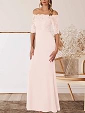 cheap Floor Length-A-Line Mother of the Bride Dress Wedding Guest Elegant Off Shoulder Floor Length Chiffon Half Sleeve with Lace