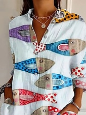 billige Kvinne Grafiske Topper-Dame Skjorte Bluse Blomsternål i krystall Moderne Fritid Langermet Skjortekrage Vanlige topper Daglig Ferie Ut på byen Knapper Trykt mønster Hvit Sommer