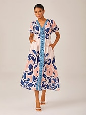 economico Abiti floreali-Abito lungo da donna, ampio, da resort, con stampa floreale, manica corta, arcobaleno, primavera ed estate, scollo a V, vestito da vacanza