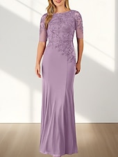 voordelige Vloerlengte-Zeemeermin  Trompet Moeder Van De Bruid Jurk Bruiloft Gast Elegante Crew Hals Vloerlengte Chiffon Halve Mouw Met Applicaties