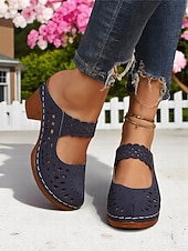 billiga Träskor och tofflor till damer-Damslip-on ihåliga mules med grov klack – vintagesandaler i konstläder, perfekta för avslappnade promenader, brunch i trädgården, konstmässor utomhus och vårresor