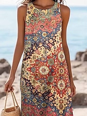 abordables Robes Boho-Femmes Robe maxi Robe d&#039;Été Robe fourreau Robe à épaules dénudées Occasionnel Sortir Plage Coupe régulière Graphique Tribal Sans manches Col en V Rouge orangé Été Printemps