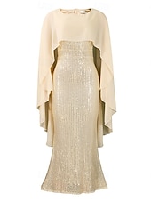abordables Longueur du plancher-Robe Mère de la Mariée Robe Élégante Col Rond Longueur de Sol Chiffon Manches 3/4 avec Sequins