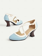 cheap 1920s &amp; Gatsby Era-Women's Light Blue 1920s Vintage Gatsby Crisscross Strap Heels-Retro Style Faux Leather Pumps with Flared Heels for Office, Parties &amp; Inspired Looks