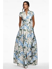 economico FLORALI-Abito da sera A-Line elegante Abito formale per matrimoni invitati lunghezza fino al pavimento maniche corte scollo a V tasca in satin con stampa floreale Abito per invitata al matrimonio 2025