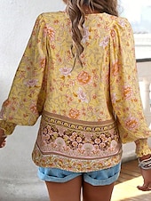 cheap Boho Tops-Women&#039;s Boho Shirt Blouse Flower Modern Boho Long Sleeve V Neck Regular Tops Daily Going out Print Yellow Pink Navy Blue Blue Orange Summer
