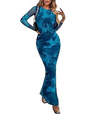 olcso Elegáns virágos ruhák-Női Midi ruha Boho esküvői vendégruha Elegáns Csehország Szexi Bodycon ruha Nyomtatott Hosszú ujj Terített nyak Világossárga Világos rózsaszín Bíborvörös aqua kék Tavasz Ősz