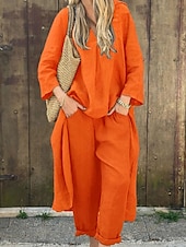 abordables Ensembles-Femmes Actif Chemises en coton et lin Chemisier Ensembles de Pantalons manche longue Col en V Couleur Unie Fête Week-end Noir Blanche Jaune Été Coupe régulière