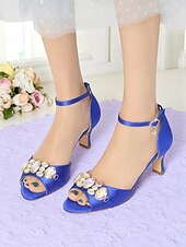 cheap Cocktail-Women&#039;s Black Satin Open Toe Heels with Ankle Strap and Crystal Gemstone Embellishment- Elegant Mid Heel Sandals for Cocktail Party &amp; Evening Wedding Reception and Formal Events