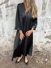 abordables concevoir des robes en coton et lin-Femmes Robe Longue Maxi Robe Robes en polycoton et lin texturé Robe Décontractée Robe d&#039;été Classique Moderne Quotidien Week-end Coupe régulière Uni Manche 3/4 Col en V Noir Marron clair Grise Été