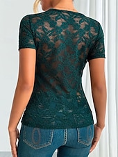 abordables Hauts en dentelle-Blouse en dentelle pour femmes tops à couleur unie élégant décontracté manches courtes col en V tops réguliers quotidiens patchwork en dentelle noir blanc vert été printemps