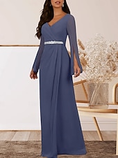 preiswerte Bodenlänge-A-Linie Brautmutterkleid Hochzeitsgast Elegant V Ausschnitt Bodenlang Chiffon Langarm mit Kristalle Raffung 2025